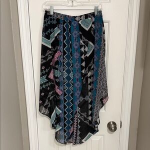 Express Black High-Low Skirt with Blue, Teal & Pink Geometric Print